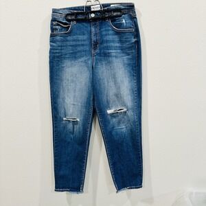 FRAYED Tapered Boyfriend Blue Denim Ripped Distressed Cropped Raw Hem Size 30